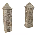 Two Vintage Stone Brick Pillars With Pointed Tops And Textured Surfaces 3d model
