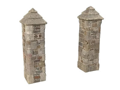 Two Vintage Stone Brick Pillars With Pointed Tops And Textured Surfaces 3d model