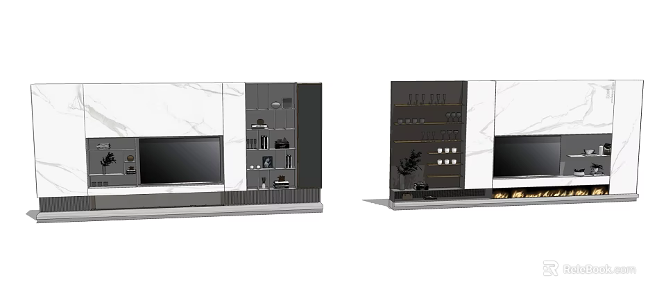 Modern TV Wall Design With Marble Panels Storage Cabinets And Decorative Elements 3d model