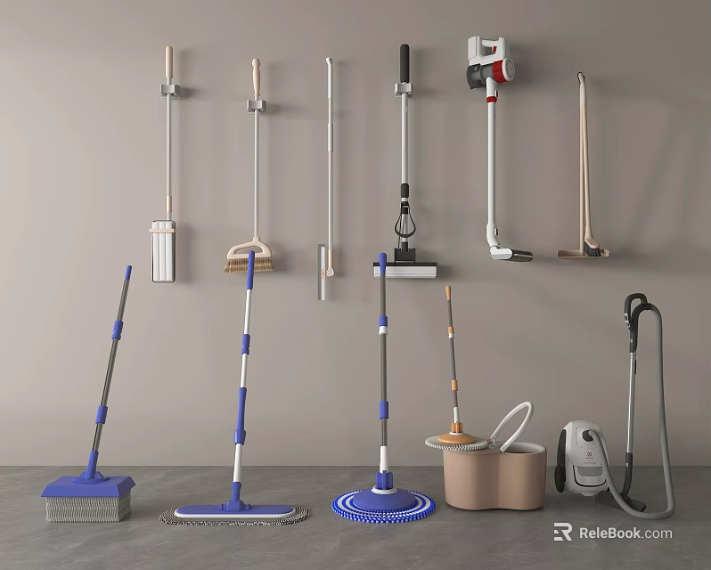 Essential Household Cleaning Tools Including Mops Brooms Vacuum Cleaners And Buckets 3d model 