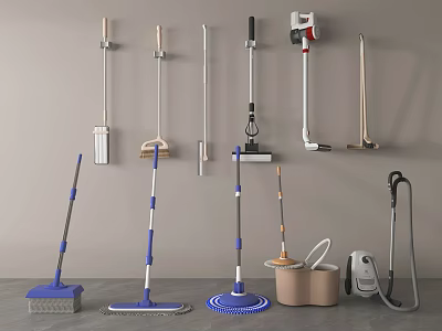 Essential Household Cleaning Tools Including Mops Brooms Vacuum Cleaners And Buckets 3d model
