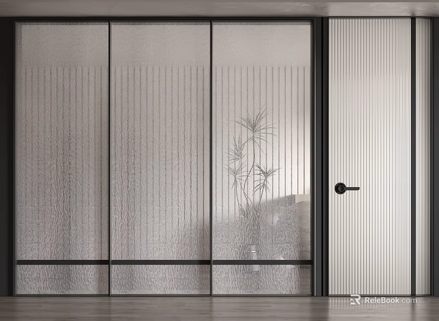 Modern Glass Partition With Vertical Stripes And Black Frame Interior Design 3d model