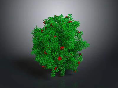 Decorative Green Round Plant With Lush Leaves And Bright Red Flowers 3d model