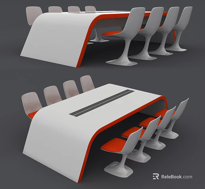 Modern Curved Conference Table With White Orange Design White Chairs And Black Strip Tabletop 3d model 