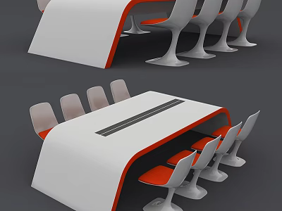Modern Curved Conference Table With White Orange Design White Chairs And Black Strip Tabletop 3d model