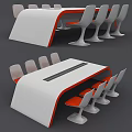 Modern Curved Conference Table With White Orange Design White Chairs And Black Strip Tabletop