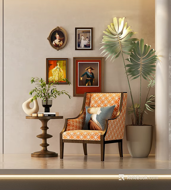 Orange Geometric Accent Chair With Throw Pillow Framed Artworks Side Table And Large Palm Plant 3d model 