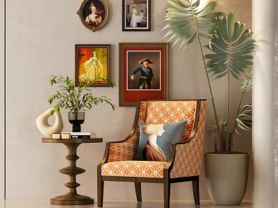 Orange Geometric Accent Chair With Throw Pillow Framed Artworks Side Table And Large Palm Plant 3d model