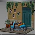 Lush Green Vines Decorate Yellow Wall With Blue Door And Potted Plant By Scooter
