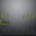 Landscaping Scene With Circular Green Platform Trees of Varying Heights Shrubs And Ground Reflections