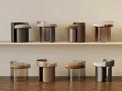 Various Modern Style Stools With Transparent Brown And Gray Materials On 3d model