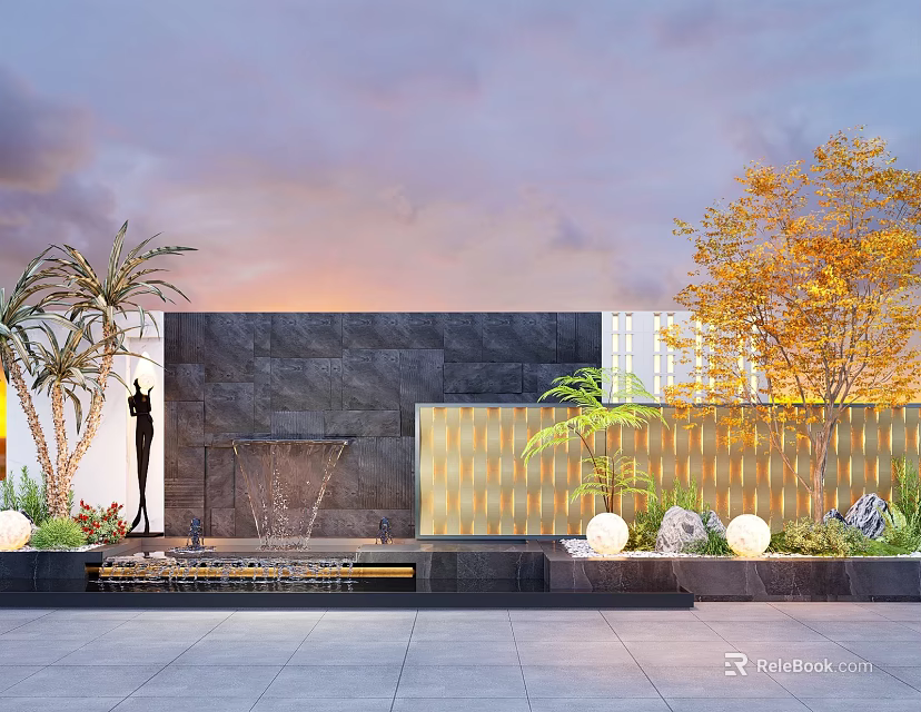 Modern Landscape Feature Wall With Black Stone Water Fountain And Palm Trees 3d model 
