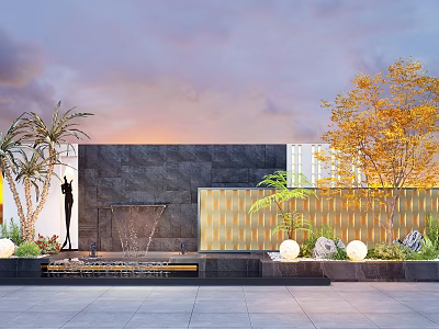 Modern Landscape Feature Wall With Black Stone Water Fountain And Palm Trees 3d model