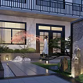 Traditional Chinese Garden Landscape With Water Feature Stone Path Lush Greenery And Lighting