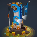 Cartoon Style Mechanical Tower Scene With Gears Flag Searchlight And Stone Base