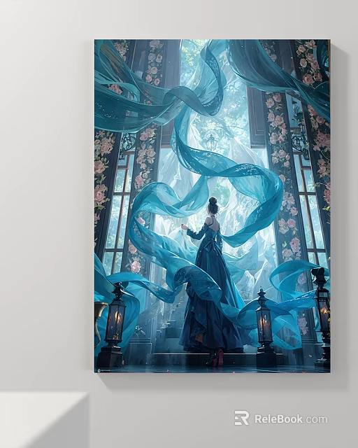 Abstract Painting Featuring Woman In Blue Dress With Flowing Blue Ribbons Floral Windows And Lanterns 3d model 