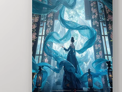 Abstract Painting Featuring Woman In Blue Dress With Flowing Blue Ribbons Floral Windows And Lanterns 3d model