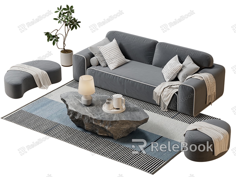 Simple Double Sofa Coffee Table Nordic Small Apartment Sofa Coffee Table Sofa Stool Table Lamp Green Plant model