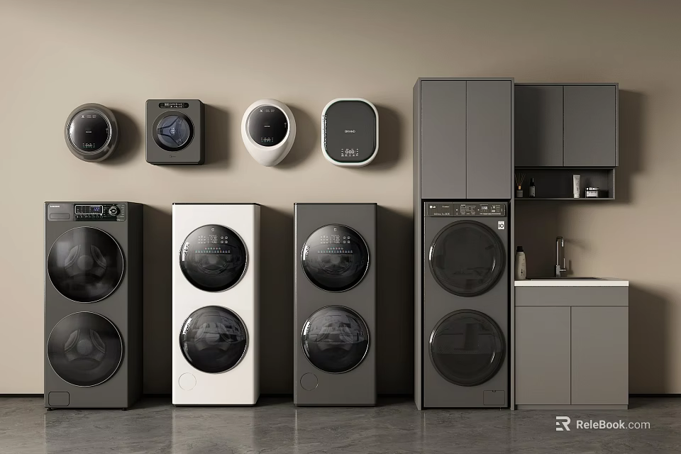 Sleek Modern Washing Machines In Black White Gray With Cabinet Storage 3d model 