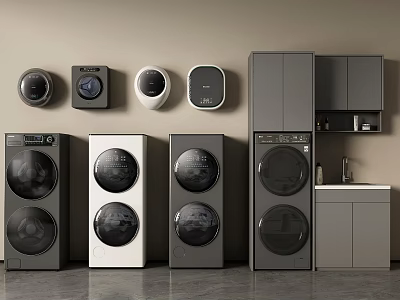 Sleek Modern Washing Machines In Black White Gray With Cabinet Storage 3d model