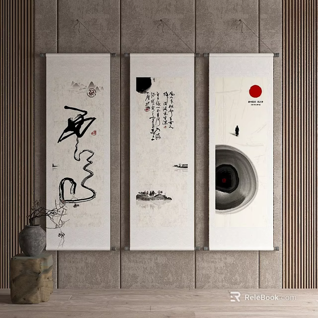 Traditional Chinese Scroll Artworks With Calligraphy And Ink Paintings For Wall Decor 3d model 