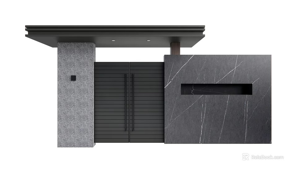 Modern Entrance Gate With Slatted Black Doors Gray Marble Wall And Canopy 3d model 