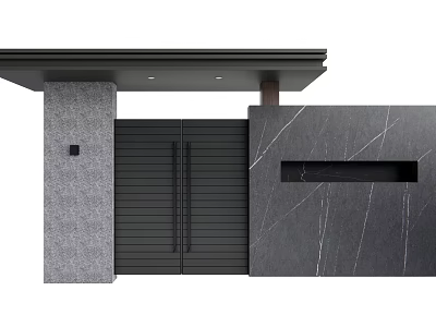 Modern Entrance Gate With Slatted Black Doors Gray Marble Wall And Canopy 3d model