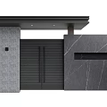 Modern Entrance Gate With Slatted Black Doors Gray Marble Wall And Canopy
