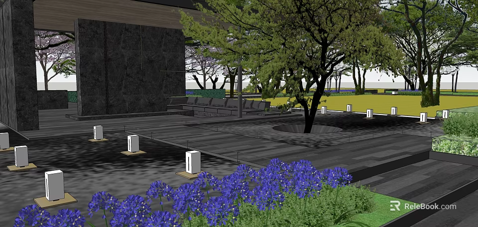 Serene Garden Landscape with Purple Flowers Trees Outdoor Seating and Wooden Flooring 3d model 