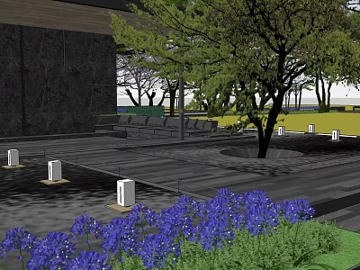 Serene Garden Landscape with Purple Flowers Trees Outdoor Seating and Wooden Flooring 3d model