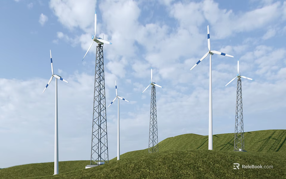 Industrial Equipment Wind Turbines Operating on Green Hills Under Blue Sky and White Clouds 3d model 