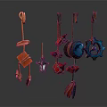 Various Colorful Decorative Hanging Ornaments With Geometric Shapes And Gear Accents