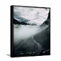 Black and White Landscape Painting With Misty Mountains And Winding Road