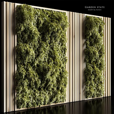Living Plant Wall With Lush Green Foliage And Vertical Wooden Panel Decorative Design 3d model