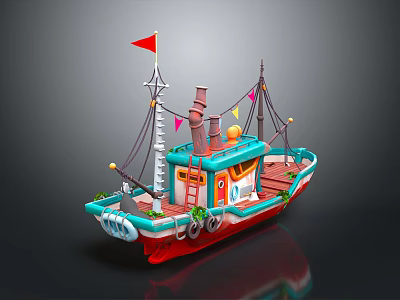 Colorful Cartoon Style Toy Boat With Red Flag Chimney And Lifebuoy Decorations 3d model