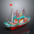 Colorful Cartoon Style Toy Boat With Red Flag Chimney And Lifebuoy Decorations