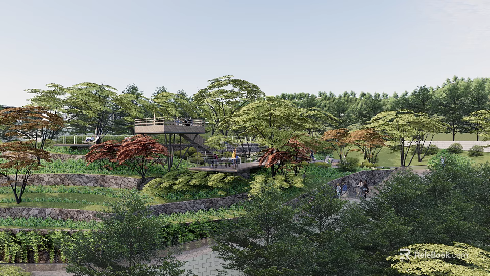 Park Landscape Featuring Modern Viewing Platform Lush Green And Red Leaved Trees Winding Path Visitors 3d model 