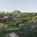 Park Landscape Featuring Modern Viewing Platform Lush Green And Red Leaved Trees Winding Path Visitors