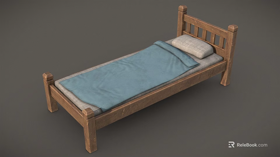 Single Bed With Wooden Slatted Headboard Blue Blanket And Light Colored Pillow 3d model 