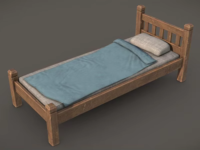Single Bed With Wooden Slatted Headboard Blue Blanket And Light Colored Pillow 3d model