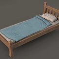 Single Bed With Wooden Slatted Headboard Blue Blanket And Light Colored Pillow