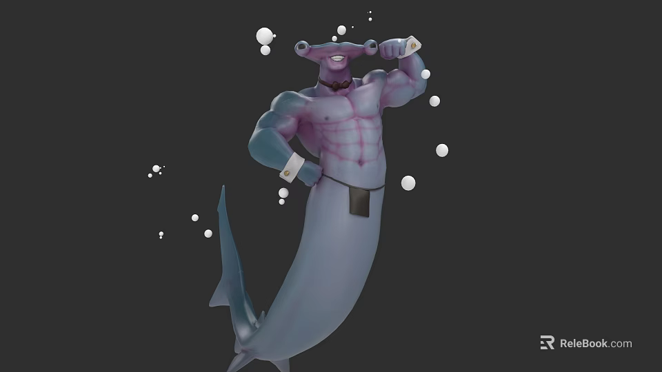 Purple Muscular Aquatic Creature With Humanoid Upper Body And Fish Tail Surrounded By Bubbles 3d model 