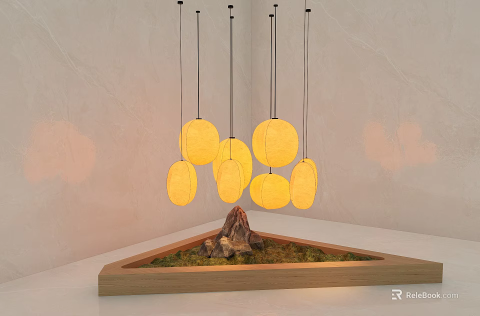 Round Yellow Pendant Lights Above Wooden Triangular Tray With Moss And Stone In Soft Light 3d model 