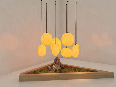 Round Yellow Pendant Lights Above Wooden Triangular Tray With Moss And Stone In Soft Light 3d model