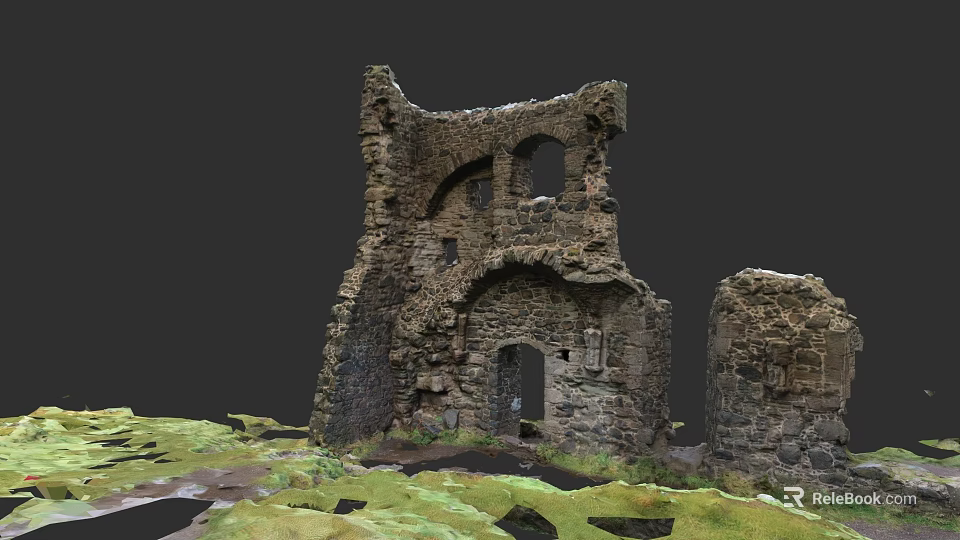 Ancient Stone Ruins Garden Landscape With Archway Broken Walls And Mossy Ground 3d model 