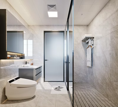 Modern Bathroom Interior With Smart Toilet Glass Shower And Marble Tiles 3d model