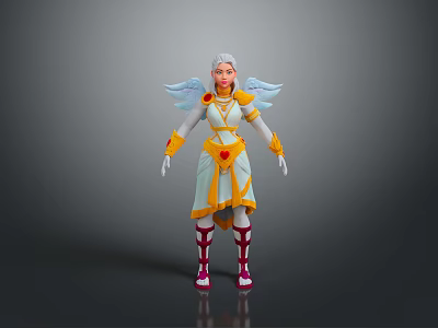 Fantasy Character With White Yellow Costume Red Heart Decoration Red White Boots And Golden Wings 3d model