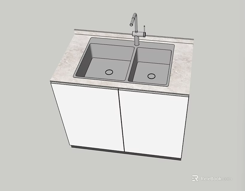 Double Bowl Kitchen Sink with Faucet and Cabinet Under Marble Countertop 3d model 