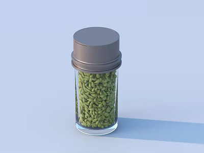 Glass jar with gray lid filled with green food spices on light blue background 3d model