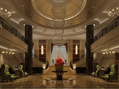 Elegant Hotel Lobby Interior With Grand Chandelier Marble Floor And Green Armchairs 3d model
